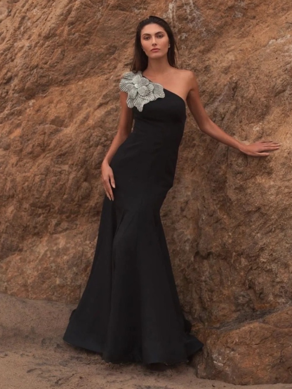 MAC DUGGAL Black Crepe One Shoulder Gown With Crystal Flower